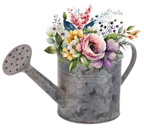 DIGITAL GRAPHIC DESIGN-Country-Vintage WATERING CAN 3 SPRING FLOWERS-Sublimation-Download-Digital Print-Clipart-PNG-SVG-JPEG-Crafters Delight-Kitchen Decor-Gift-Digital Art- JAMsCraftCloset