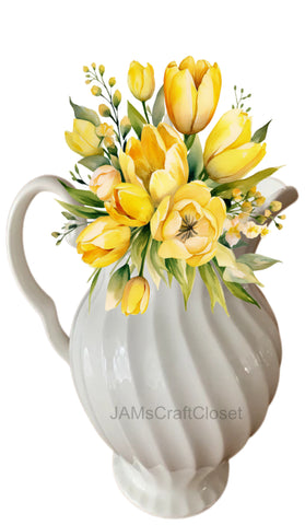 DIGITAL GRAPHIC DESIGN-Country-Vintage WHITE PITCHER Yellow Tulips-Sublimation-Download-Digital Print-Clipart-PNG-SVG-JPEG-Crafters Delight-Kitchen Decor-Gift-Digital Art- JAMsCraftCloset
