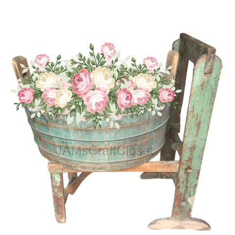 DIGITAL GRAPHIC DESIGN-Country-Floral-Vintage Washtub 1 Pink White Roses-Sublimation-Download-Digital Print-Clipart-PNG-SVG-JPEG-Crafters Delight-Digital Art- JAMsCraftCloset