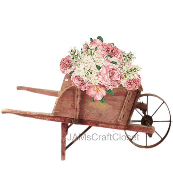 DIGITAL GRAPHIC DESIGN-Country-Floral-Vintage Wheelbarrow 4 Pink White Floral-Sublimation-Download-Digital Print-Clipart-PNG-SVG-JPEG-Crafters Delight-Digital Art - JAMsCraftCloset