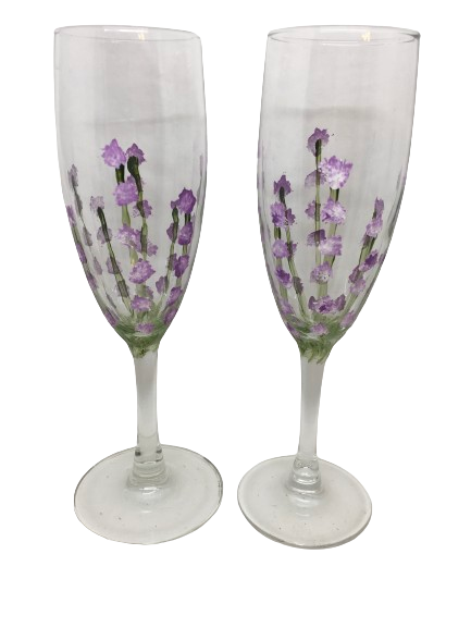 Stemware Champagne Glasses Floral Hand Painted  Set of 2  Purple and White Barware Drinkware Kitchen Decor Bar Decor Gift
