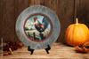 CHARGER PLATE GRAYISH BROWN WOODGRAIN PLASTIC ROUND - GOOD MORNING - ROOSTER - DECOUPAGE Upcycled Repurposed Wall Art or Shelf Sitter KITCHEN Home Decor Gift - JAMsCraftCloset