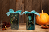 GLASS RECTANGLE BLOCK Halloween Decor Shelf Sitter Hand Painted Decoupaged BLUE WITCH - ROOT WITCH - REVERSIBLE Aqua Bow Gift Idea - JAMsCraftCloset