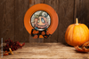 PLATE CHARGER ORANGE PLASTIC ROUND DECOUPAGED Upcycled Repurposed Wall Art or Shelf Sitter FUNKY PUMPKIN WITH BOW Halloween Decor Home Decor Gift {{ JAMsCraftCloset }}