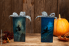 GLASS RECTANGLE BLOCK Halloween Decor Shelf Sitter Hand Painted Decoupaged FLYING WITCHES - REVERSIBLE Gray Sparkly Bow Gift Idea - JAMsCraftCloset