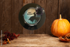 PLATE CHARGER BLACK PLASTIC ROUND DECOUPAGED Upcycled Repurposed Wall Art or Shelf Sitter WITCH ON LEDGE WITH BROOM Halloween Decor Home Decor Gift {{ JAMsCraftCloset }}