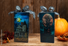 GLASS RECTANGLE BLOCK Halloween Decor Shelf Sitter Hand Painted Decoupaged HAUNTED HOUSES 2 Black Gold Dot Bow - REVERSIBLE Aqua Bow Gift Idea
