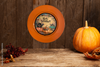 PLATE CHARGER ORANGE PLASTIC ROUND DECOUPAGED Upcycled Repurposed Wall Art or Shelf Sitter HAPPY HALLOWEEN PUMPKINS BAT MOUSE Halloween Decor Home Decor Gift {{ JAMsCraftCloset }}