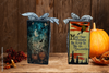 GLASS RECTANGLE BLOCK Halloween Decor Shelf Sitter Hand Painted Decoupaged PUMPKINS MOON BATS WITCH SAYING - REVERSIBLE Black Gold Dot Bow Gift Idea - JAMsCraftCloset
