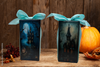 GLASS RECTANGLE BLOCK Halloween Decor Shelf Sitter Hand Painted Decoupaged HAUNTED HOUSES - REVERSIBLE Aqua Bow Gift Idea - JAMsCraftCloset