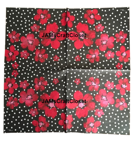 NAPKIN 32 BLACK AND WHITE POLKA DOT RED FLORAL Decoupage Craft Supplies Paper Crafts Card Making Journaling Mixed Medium Crafters Delight - JAMsCraftCloset