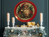 TRAY RED METAL ROUND Decoupaged Hand Painted Upcycled Repurposed Wall Art SANTA FACE - I STILL BELIEVE With Bling Home Decor Christmas Wall Art Gift - JAMsCraftCloset