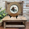 CHARGER PLATE Tan BURLAP Covered PLASTIC ROUND - DUCK FLYING RIGHT - CRANSTON FABRIC PRINT DECOUPAGE Upcycled Wall Art - Shelf Sitter Man Cave Home Decor Gift - JAMsCraftCloset