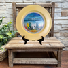 CHARGER PLATE YELLOW PLASTIC ROUND BEACH THEME - DECOUPAGED Upcycled Repurposed Wall Art or Shelf Sitter HAPPINESS COMES IN WAVES Home Decor Gift - JAMsCraftCloset