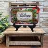 Metal Tray WHITE - CHRISTMAS - BELIEVE -Holly and Berries - HOLIDAY Wall Art Shelf Sitter Handmade Decoupaged Upcycled Metal Tray Gift- JAMsCraftCloset
