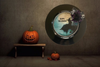 PLATE CHARGER BLACK PLASTIC ROUND DECOUPAGED Upcycled Repurposed Wall Art or Shelf Sitter WITCH ON LEDGE WITH BROOM Halloween Decor Home Decor Gift {{ JAMsCraftCloset }}
