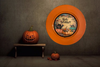 PLATE CHARGER ORANGE PLASTIC ROUND DECOUPAGED Upcycled Repurposed Wall Art or Shelf Sitter HAPPY HALLOWEEN PUMPKINS BAT MOUSE Halloween Decor Home Decor Gift {{ JAMsCraftCloset }}