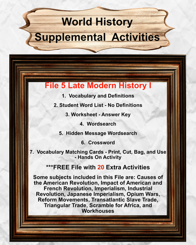 World History 5 LATE MODERN HISTORY 1 Teacher Resource Supplemental Vocabulary Activities -American Revolution-Imperialism-Industrial Revolution-Opium Wars-Slave Trade-FREE Activities Included - JAMsCraftCloset