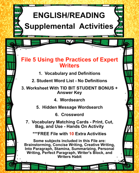 English Teacher Resource 5 USING THE PRACTICES OF EXPERT WRITERS &nbsp;Supplemental Vocabulary Activities-Brainstorming-Creative Writing-Stamina-Writers Block-FREE Activities Included - JAMsCraftCloset