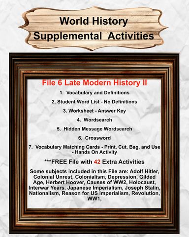 World History 6 LATE MODERN HISTORY 2 Teacher Resource Supplemental Vocabulary Activities -Adolf Hitler-Colonialism-Depression-Gilded Age- WW2-Holocaust-Nationalism-FREE Activities Included- JAMsCraftCloset