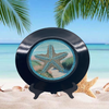 PLATE CHARGER BLACK PLASTIC ROUND DECOUPAGED Upcycled Repurposed Wall Art or Shelf Sitter BEJEWELED STARFISH Beach Coastal Home Decor Gift - JAMsCraftCloset