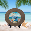 PLATE CHARGER LIGHT BROWN WOOD GRAIN PLASTIC ROUND DECOUPAGED Upcycled Repurposed Wall Art or Shelf Sitter ON BEACH TIME Beach Coastal Home Decor Gift - JAMsCraftCloset