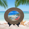 PLATE CHARGER LIGHT BROWN WOOD GRAIN PLASTIC ROUND DECOUPAGED Upcycled Repurposed Wall Art or Shelf Sitter HAPPIEST BY THE SEA Beach Coastal Home Decor Gift - JAMsCraftCloset