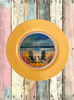 CHARGER PLATE YELLOW PLASTIC ROUND BEACH THEME - DECOUPAGED Upcycled Repurposed Wall Art or Shelf Sitter HAPPINESS COMES IN WAVES Home Decor Gift - JAMsCraftCloset