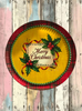 TRAY RED PLAID PLASTIC ROUND Decoupaged Hand Painted Upcycled Repurposed MERRY CHRISTMAS YELLOW BACKGROUND Home Decor Christmas Wall Art Shelf Sitter Gift - JAMsCraftCloset
