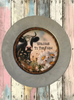 Galvanized Metal Round Charger Plate With Hanging Hook Decoupaged Farmhouse Country Wall Art Shelf Sitter WELCOME TO THE FARM COW Handmade Gift Idea - JAMsCraftCloset