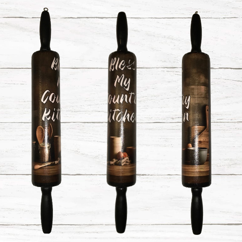 Rolling Pin Hand Painted Decoupaged Black Background BLESS MY COUNTRY KITCHEN Kitchen Decor Gift Idea {{ JAMsCraftCloset }}