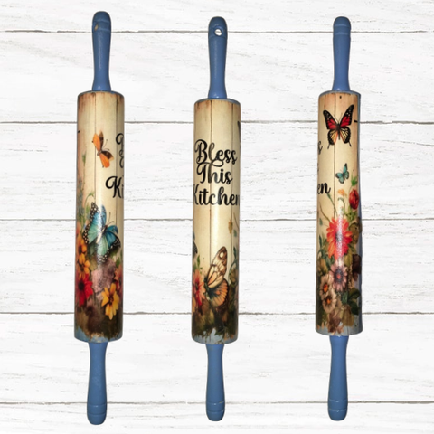 Rolling Pin Hand Painted Decoupaged Black Background BLESS THIS KITCHEN Kitchen Decor Upcycled Handmade Hand Painted Gift Idea {{ JAMsCraftCloset }}