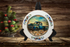 Glass PLATE Round BLUE FARM TRUCK - DASIES Country Farmhouse Kitchen Shelf Sitter Handmade Decoupaged Repurposed Upcycled Birthday Gift Idea - JAMsCraftCloset