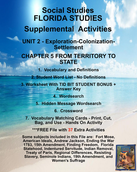 FLORIDA STUDIES Social Studies Houghton Mifflin UNIT 2 CHAPTER 5 From Territory to State-Teacher Resource Supplemental Vocabulary Activities-Jackson-War 1783-Statehood-Treaty of Paris-Seminoles-15th 19th Amendment-Suffrage-FREE Activities Included {{ JAMsCraftCloset }}