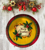 TRAY RED PLAID PLASTIC ROUND Decoupaged Hand Painted Upcycled Repurposed MERRY CHRISTMAS YELLOW BACKGROUND Home Decor Christmas Wall Art Shelf Sitter Gift - JAMsCraftCloset