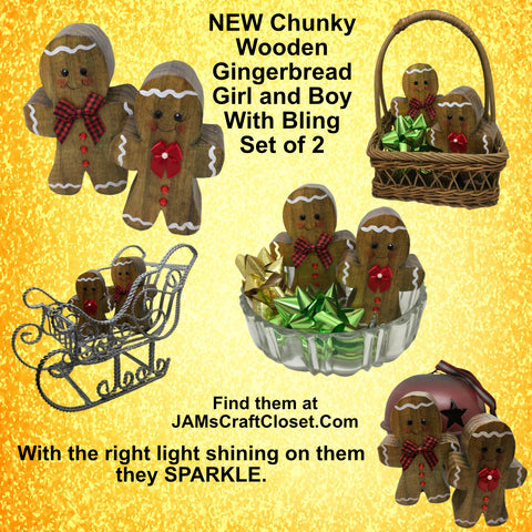 Christmas Gingerbread Boy and Girl Chunky Wooden Hand Painted Handmade Sparkly Christmas Holiday Winter Decoration Home Decor Set of 2 - JAMsCraftCloset