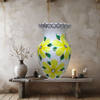 Glass WHITE Vase Decoupaged YELLOW SILK FLOWERS HAND PAINTED LEAVES and BLING Wedding Decor Shelf Sitter Floral Vase Flower Vase Gift Idea Table Decor Centerpiece Home Decor Cottage Chic Farmhouse Decor Victorian Decor - JAMsCraftCloset