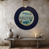 PLATE CHARGER NAVY BLUE PLASTIC ROUND DECOUPAGED Upcycled Repurposed Wall Art or Shelf Sitter WELCOME Decor Kitchen Decor Home Decor Wall Art Gift WEDDING - JAMsCraftCloset