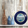 PLATE CHARGER NAVY BLUE PLASTIC ROUND DECOUPAGED Upcycled Repurposed Wall Art or Shelf Sitter WELCOME Decor Kitchen Decor Home Decor Wall Art Gift WEDDING - JAMsCraftCloset