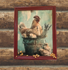 Vintage Wood Frame Decoupaged on Glass - Hen With Chicks in Pail Corn - Shelf Sitter Handmade Country Farm Decor Wall Art Gift - JAMsCraftCloset