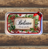 Metal Tray WHITE - CHRISTMAS - BELIEVE -Holly and Berries - HOLIDAY Wall Art Shelf Sitter Handmade Decoupaged Upcycled Metal Tray Gift- JAMsCraftCloset