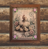 Vintage Wood Frame Decoupaged on Glass - Hen With Chicks Buttons - Shelf Sitter Handmade Country Farm Decor Wall Art Gift - JAMsCraftCloset