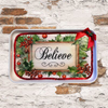 Metal Tray WHITE - CHRISTMAS - BELIEVE -Holly and Berries - HOLIDAY Wall Art Shelf Sitter Handmade Decoupaged Upcycled Metal Tray Gift- JAMsCraftCloset