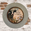 Galvanized Metal Round Charger Plate With Hanging Hook Decoupaged Farmhouse Country Wall Art Shelf Sitter WELCOME TO THE FARM COW Handmade Gift Idea - JAMsCraftCloset