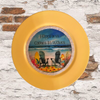 CHARGER PLATE YELLOW PLASTIC ROUND BEACH THEME - DECOUPAGED Upcycled Repurposed Wall Art or Shelf Sitter HAPPINESS COMES IN WAVES Home Decor Gift - JAMsCraftCloset