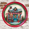 TRAY RED GREEN PLASTIC ROUND Decoupaged Hand Painted Upcycled Repurposed Wall Art CHRISTMAS CANDY CANE HOUSE Home Decor Christmas Wall Art Shelf Sitter Gift - JAMsCraftCloset