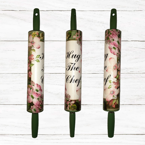 Rolling Pin Hand Painted Decoupaged Black Background HUG THE CHEF Kitchen Decor Upcycled Handmade Hand Painted Gift Idea {{ JAMsCraftCloset }}