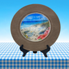 PLATE CHARGER LIGHT BROWN WOOD GRAIN PLASTIC ROUND DECOUPAGED Upcycled Repurposed Wall Art or Shelf Sitter HAPPIEST BY THE SEA Beach Coastal Home Decor Gift - JAMsCraftCloset
