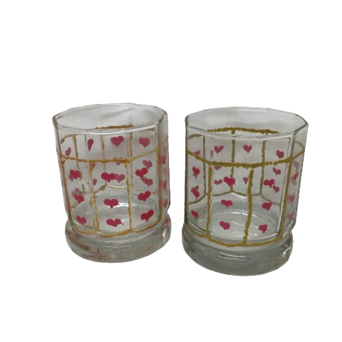 Glasses Rock Water Hand Painted Clear Glass Red Hearts Gold Trim Set of TWO Barware Drinkware Gift One of a Kind Unique Drinkware - JAMsCraftCloset