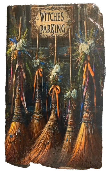 Antique West Virginia Roof Slate Decoupaged 4 Witches Parking Brooms Handmade Wall Art Unique Halloween Holiday Decoration Home Decor Gift {{ JAMsCraftCloset }}